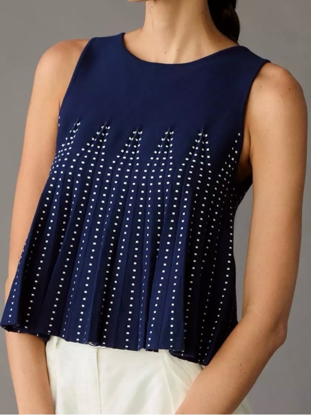 Maeve Navy Sleeveless Pleated Tank with Dot Embellishments from Anthropologie